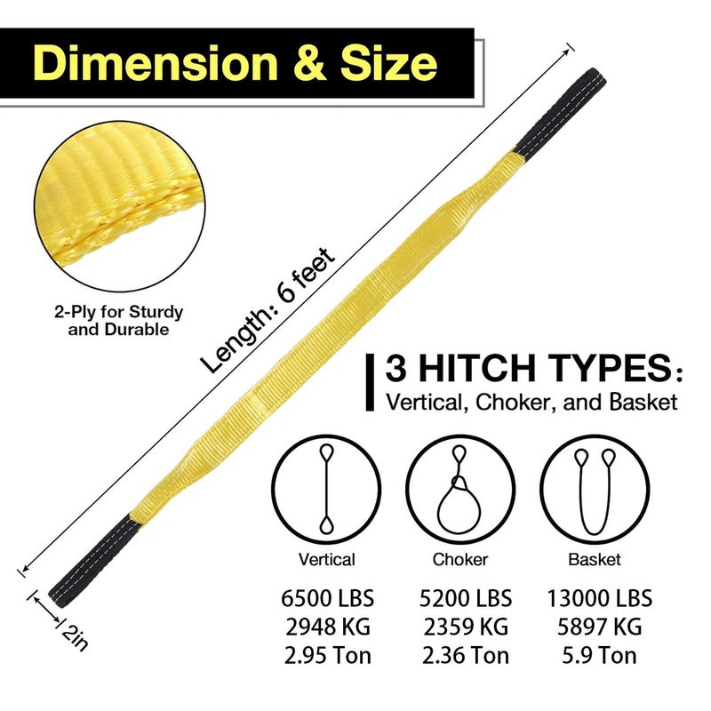 sumpluct Lift Sling Straps,2" x 6' 2-Ply Heavy Duty Flat Eye Lifting Sling Straps for Hoist, Nylon Lifting Strap Rigging Moving Towing Hoisting Gear 6500 lbs Vertical, 5200 Choker, 13000 Basket Load - Image 2